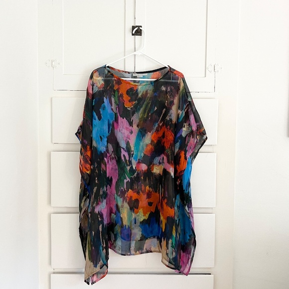 Bryn Walker Paletta Print Sheer Silk Boat Neck Poncho Top Size XL - Picture 2 of 6